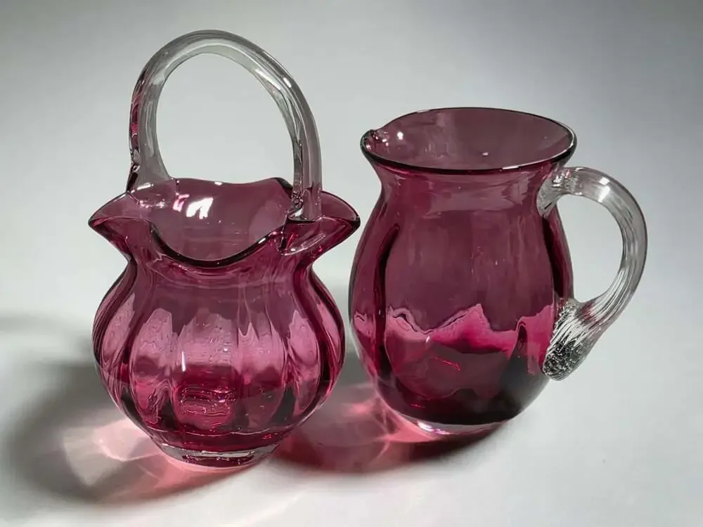 Vntg Pilgrim Art Glass Cranberry Ribbed Basket & Pitcher Set with Clear Handles